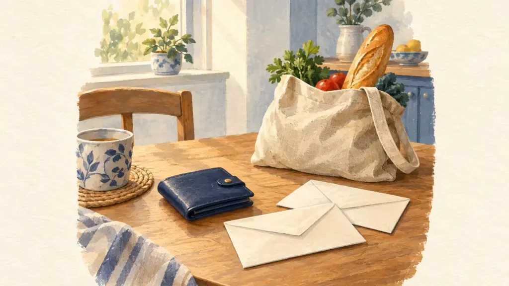 Un portafoglio blu, due buste e una borsa della spesa su un tavolo di cucina.