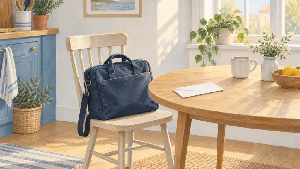 Una borsa da lavoro blu su una sedia accanto a una busta sul tavolo di cucina.