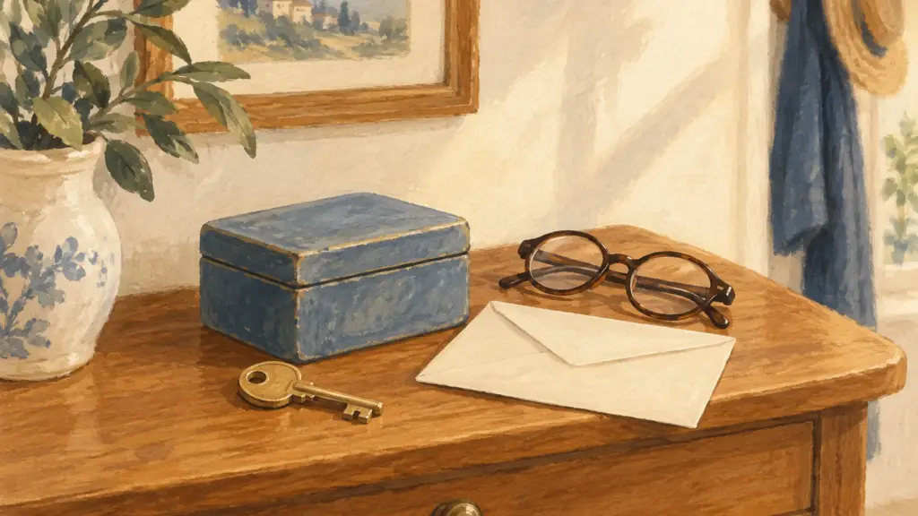 Una chiave, una scatola blu, occhiali e una busta su un piccolo mobile di legno.