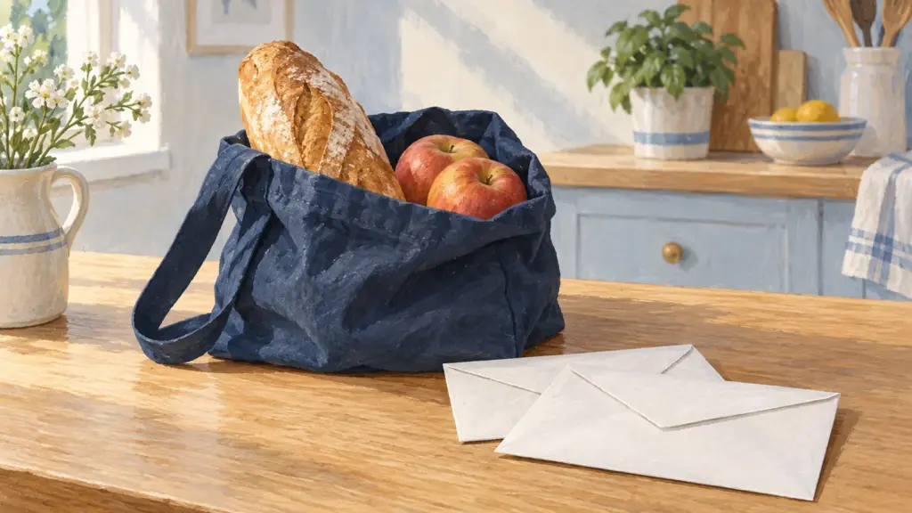 Illustrazione di una borsa blu con pane e mele accanto a due buste bianche su un tavolo di cucina.