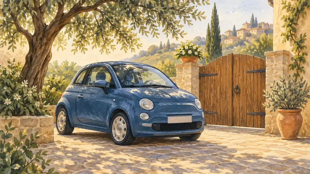 Una piccola automobile blu ferma in un cortile tranquillo, sotto un albero, con la luce del mattino.
