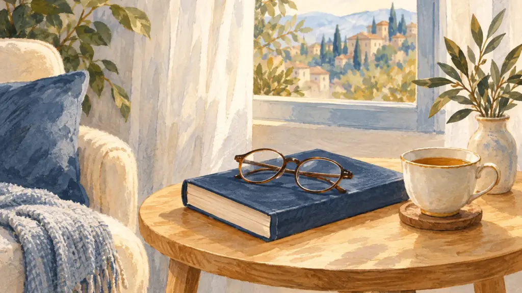 Un tavolino di legno chiaro con un libro blu chiuso, un paio di occhiali e una tazza di tè, davanti a una finestra.