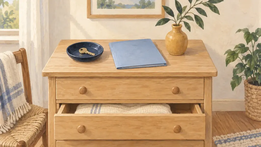 Una chiave su un piattino blu e una cartella sopra un mobile di legno con un cassetto aperto.
