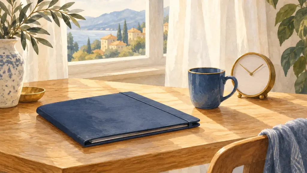 Un tavolo di legno con una cartellina blu chiusa, una tazza e un piccolo orologio da tavolo, nella luce della finestra.