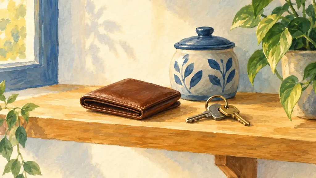 Una mensola di legno chiaro con un barattolo di ceramica blu, un portafoglio e un mazzo di chiavi di casa.