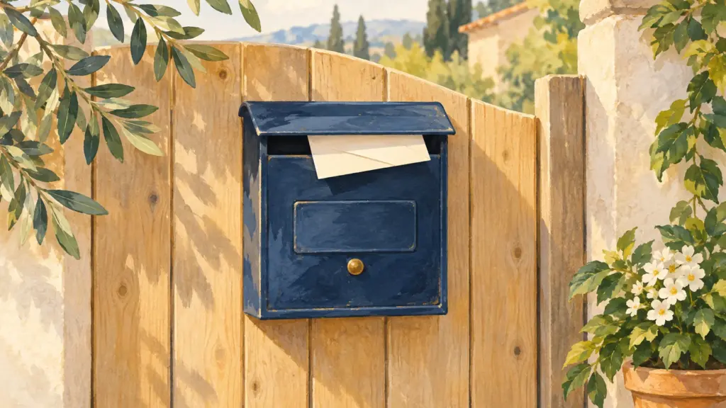 Una cassetta delle lettere blu su un cancello di legno chiaro, con una busta bianca che spunta dalla fessura.