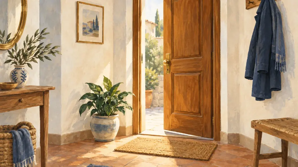 L’ingresso di una casa visto dall’interno, con la porta di legno socchiusa, un cappotto appeso e una pianta accanto allo zerbino.