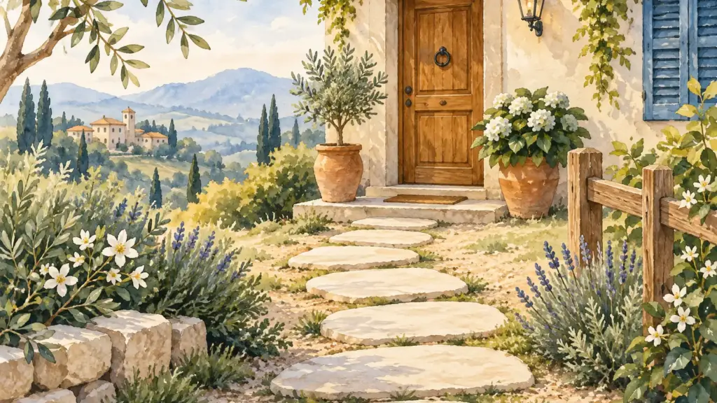 Un sentiero di pietre chiare in un giardino che porta verso la porta di una piccola casa, nella luce del mattino.