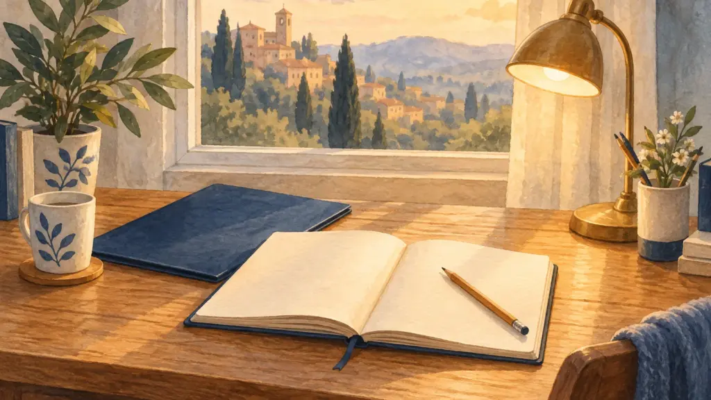 Una scrivania di legno con una lampada accesa, una cartellina blu chiusa e un quaderno aperto con le pagine bianche.