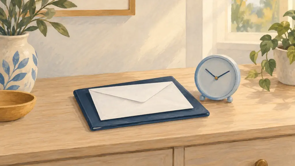 Illustrazione di una busta bianca su una cartellina blu accanto a un piccolo orologio.