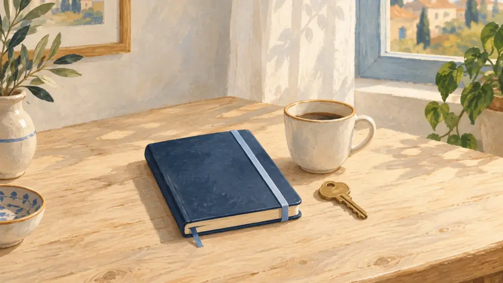 Illustrazione di un quaderno blu chiuso, una chiave e una tazza su un tavolo chiaro.