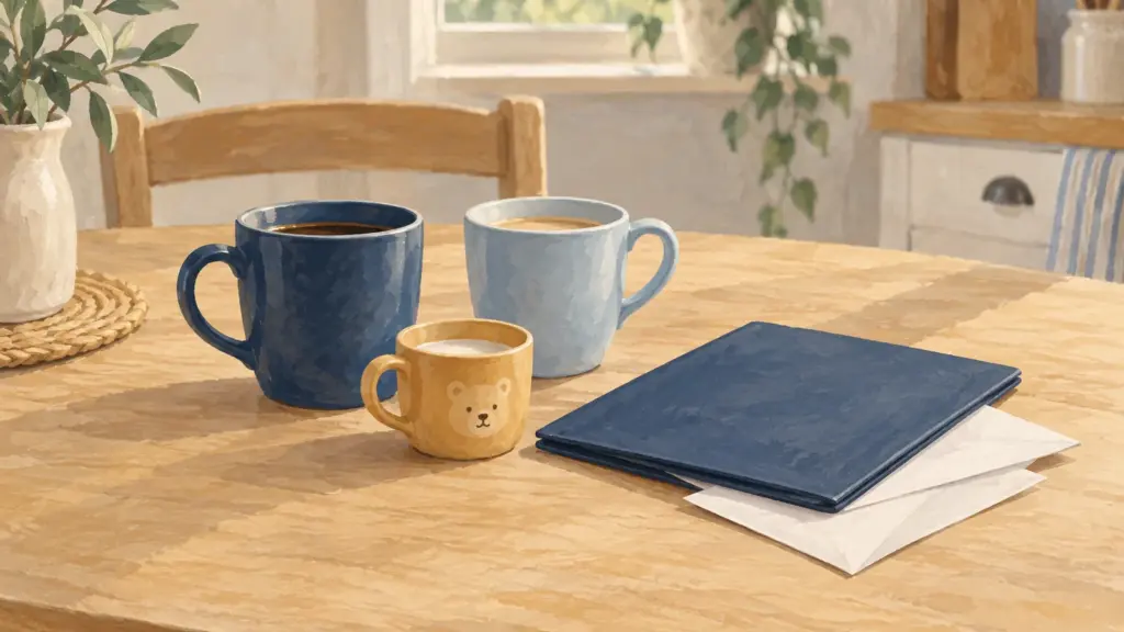 Illustrazione di tre tazze per la colazione accanto a una cartellina blu sul tavolo di cucina.