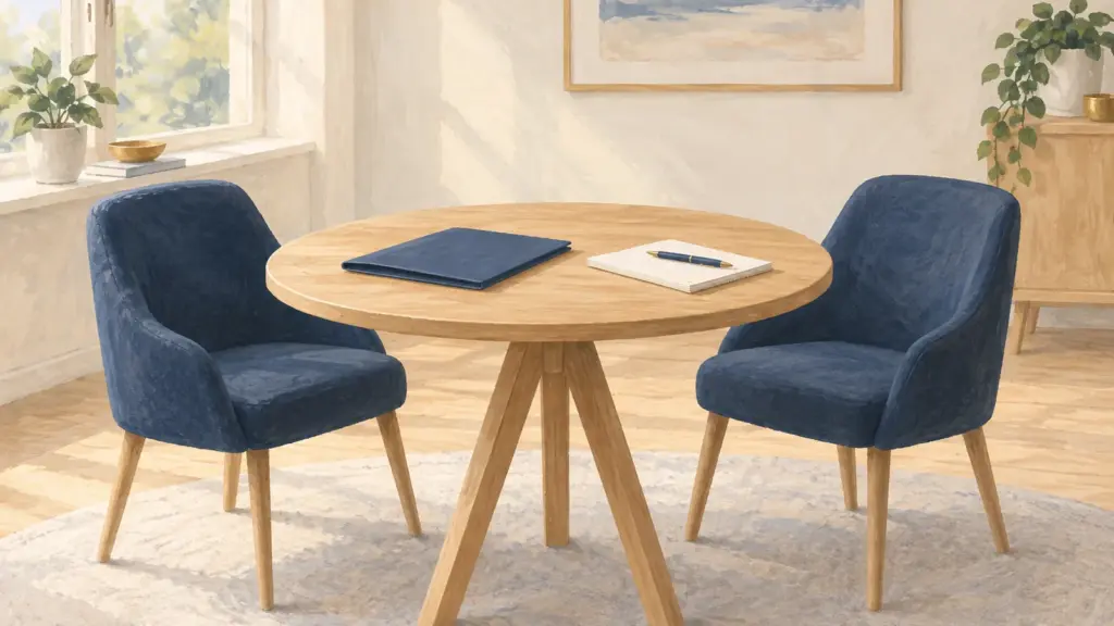 Illustrazione di due poltrone blu attorno a un tavolo con una cartellina e un quaderno.