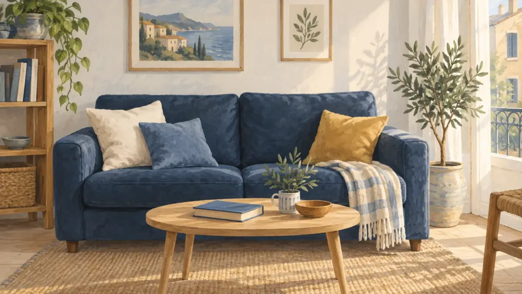 Illustrazione di un soggiorno luminoso con un divano blu, un tavolino di legno e una pianta vicino alla finestra.
