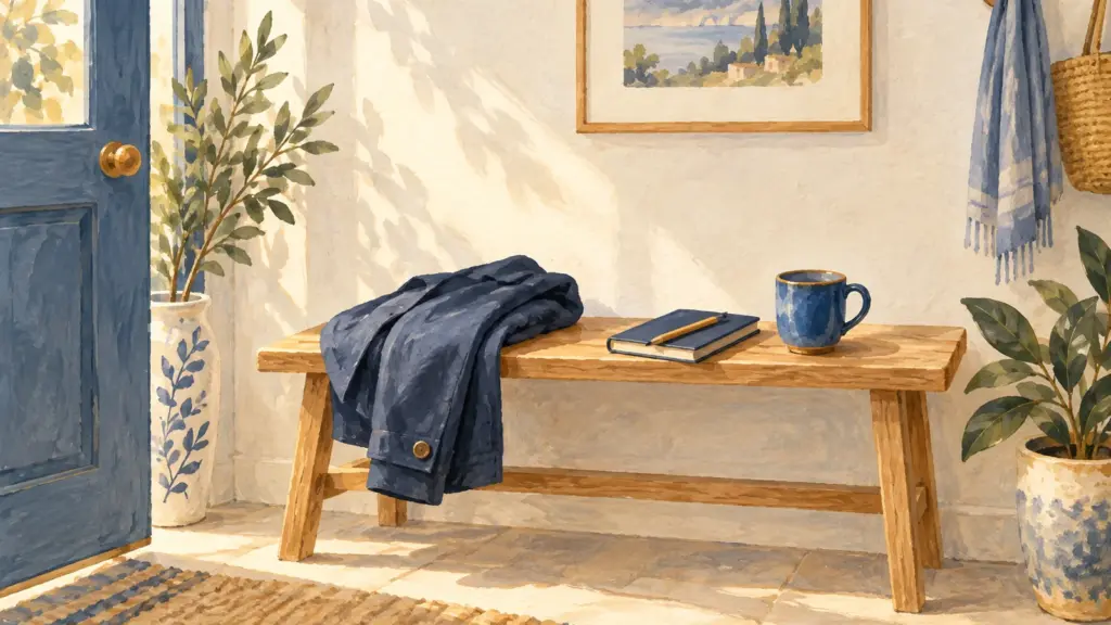 Una panca di legno chiaro in un ingresso con una giacca piegata, un quaderno con la matita e una tazza, nella luce della finestra.
