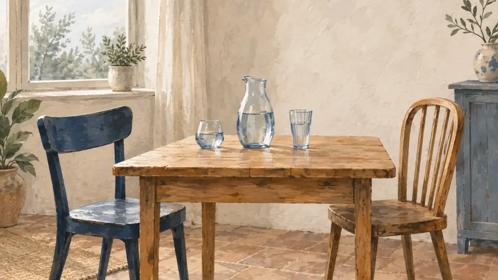Un tavolo di legno chiaro con due sedie una di fronte all’altra, una brocca d’acqua e due bicchieri, nella luce della finestra.