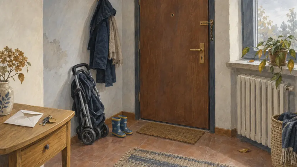 L’ingresso di una casa in affitto: una porta con la catenella, un cappotto appeso, un passeggino chiuso, un paio di stivaletti da bambino e un tavolino con le chiavi e una busta aperta.