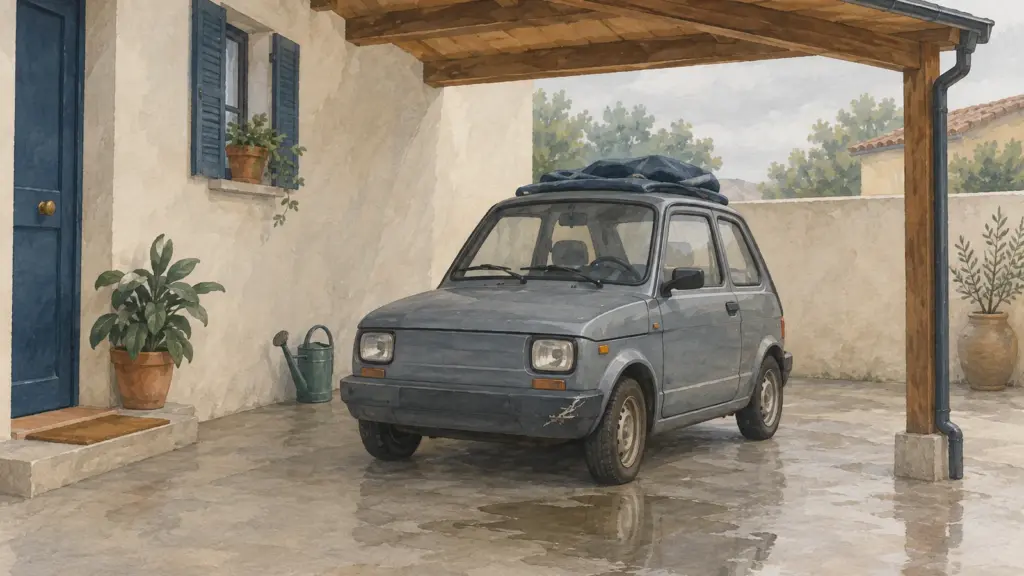 Una piccola auto grigia con una gomma sgonfia sotto una tettoia di lamiera arrugginita, nel cortile di una casa, con un telo piegato sul tetto e una pozzanghera sulla ghiaia.