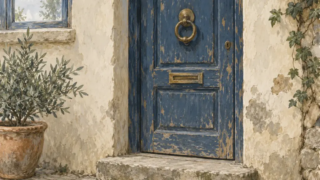 Una vecchia porta di legno dipinta di blu con un batacchio di ottone e la buca delle lettere, su un muro di intonaco chiaro.