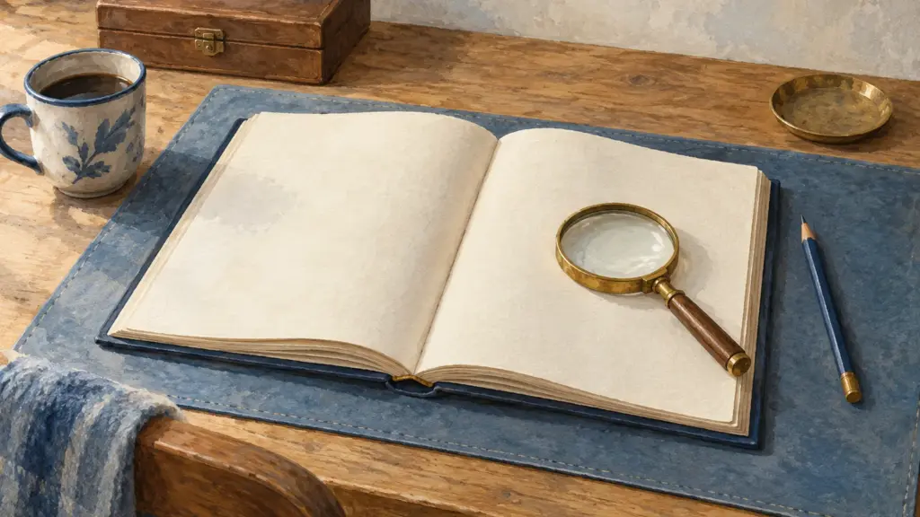 Un grande registro aperto con le pagine bianche su una scrivania di legno, con una lente d’ingrandimento di ottone appoggiata sopra e una matita accanto.