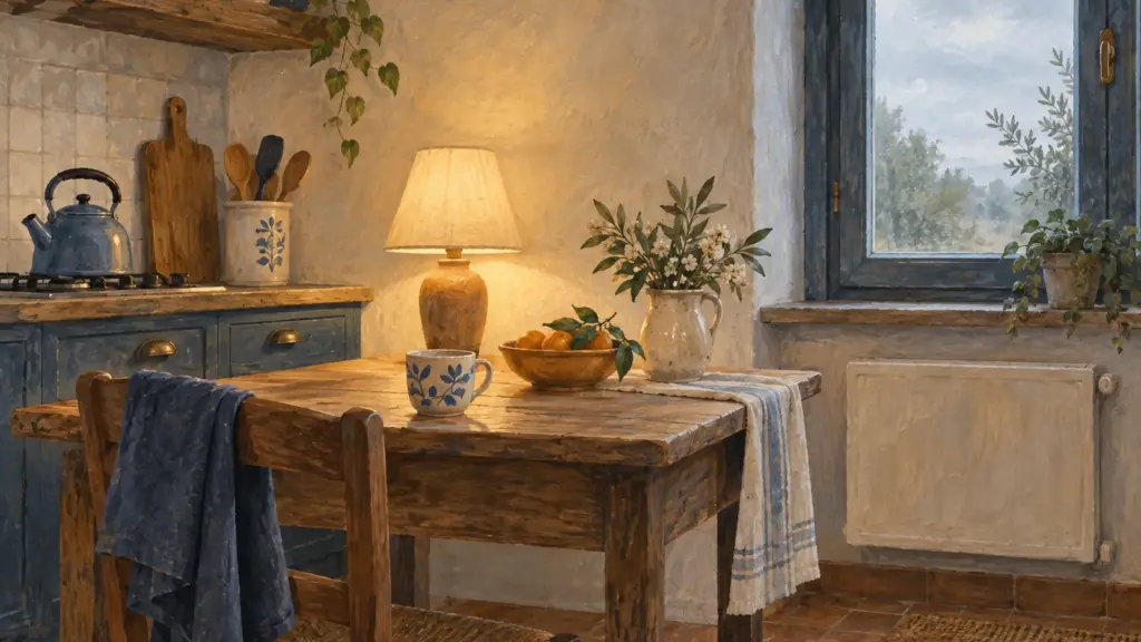 Un angolo di cucina con una lampada accesa, un bollitore sul fornello e un termosifone sotto la finestra, nella luce della sera.