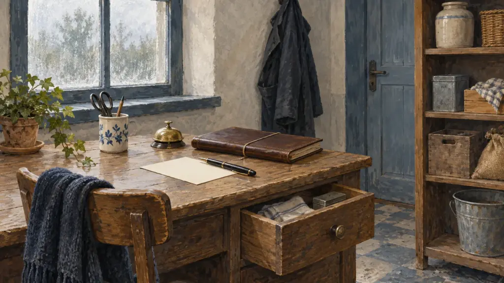Il retrobottega di un piccolo negozio: una scrivania di legno con un cassetto aperto, un foglio bianco e una penna stilografica, un registro di pelle, un campanello d’ottone e un cappotto appeso.