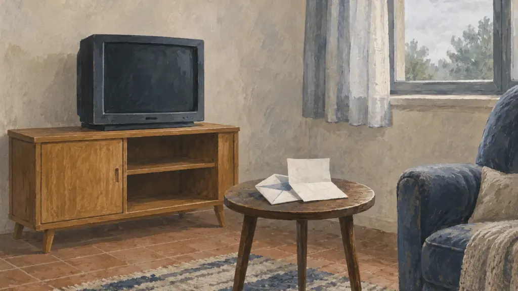Un vecchio televisore spento su un mobile basso di legno, con una busta aperta sul tavolino accanto, in un soggiorno con luce grigia dalla finestra.
