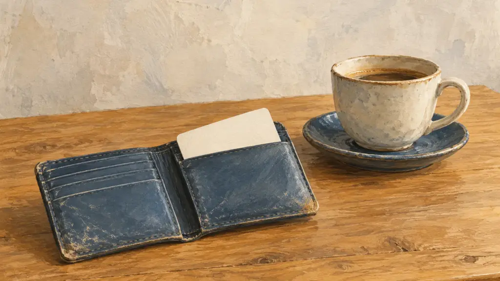 Un portafoglio blu consumato aperto su un tavolo di legno, con una carta bianca che sporge, accanto a una tazza di caffè.