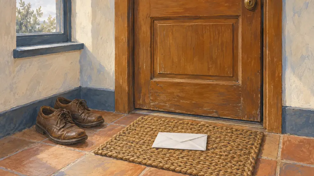 Una busta chiusa sullo zerbino dentro la porta di casa, accanto a un paio di scarpe.