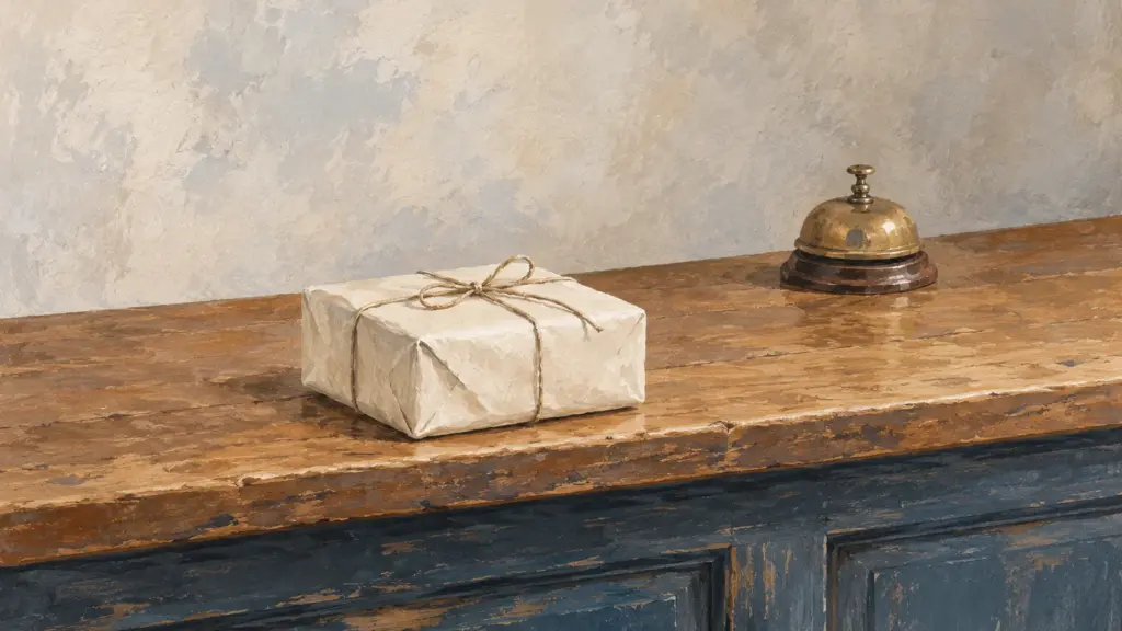 Un piccolo pacco avvolto in carta chiara e legato con lo spago su un vecchio bancone di legno, con un campanello di ottone poco più in là.