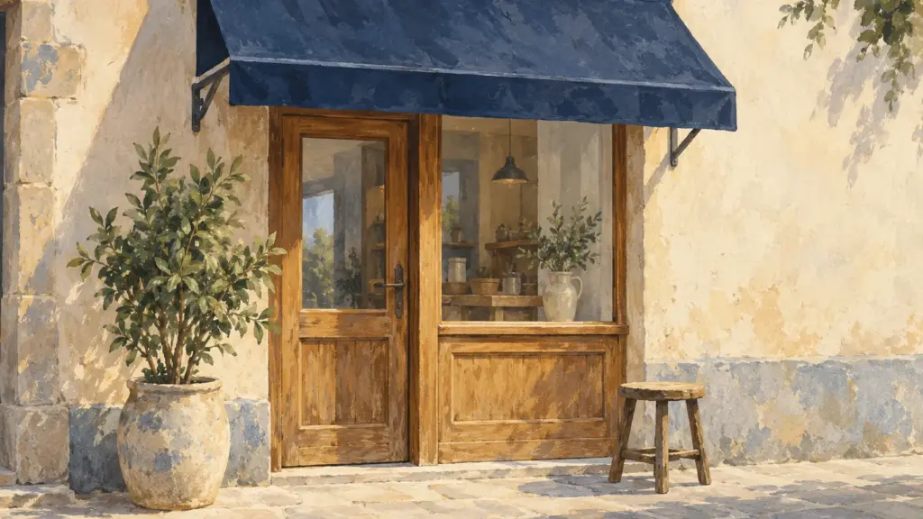 La vetrina di un piccolo negozio con la porta di legno, una tenda blu e una pianta all’ingresso, nella luce del mattino.
