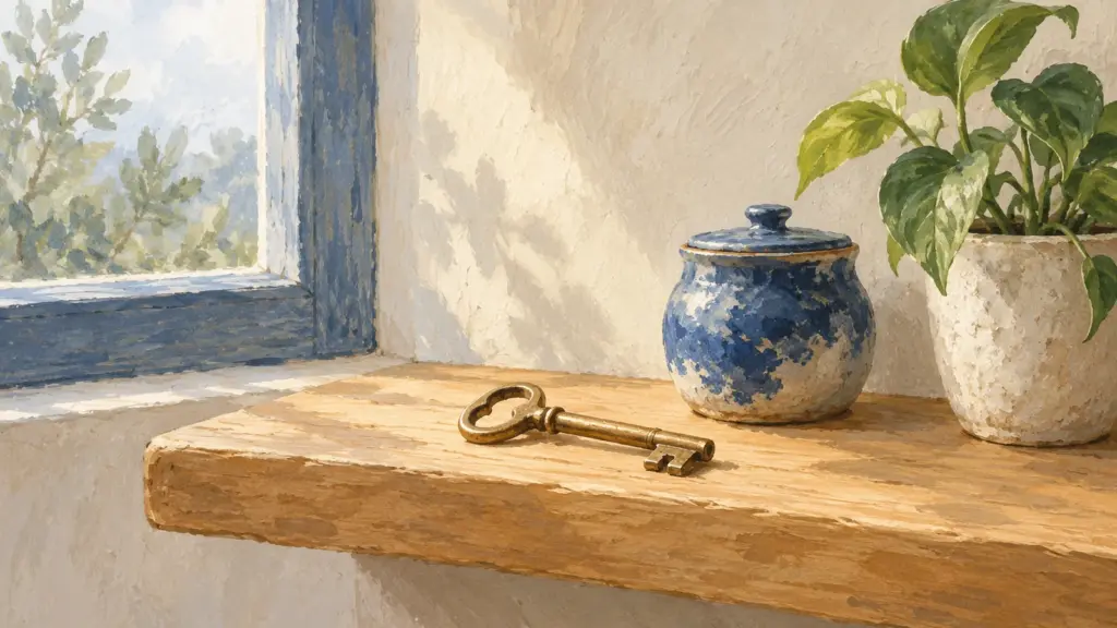 Una mensola di legno chiaro con una chiave di casa, un barattolo di ceramica blu e una piccola pianta, nella luce del mattino.