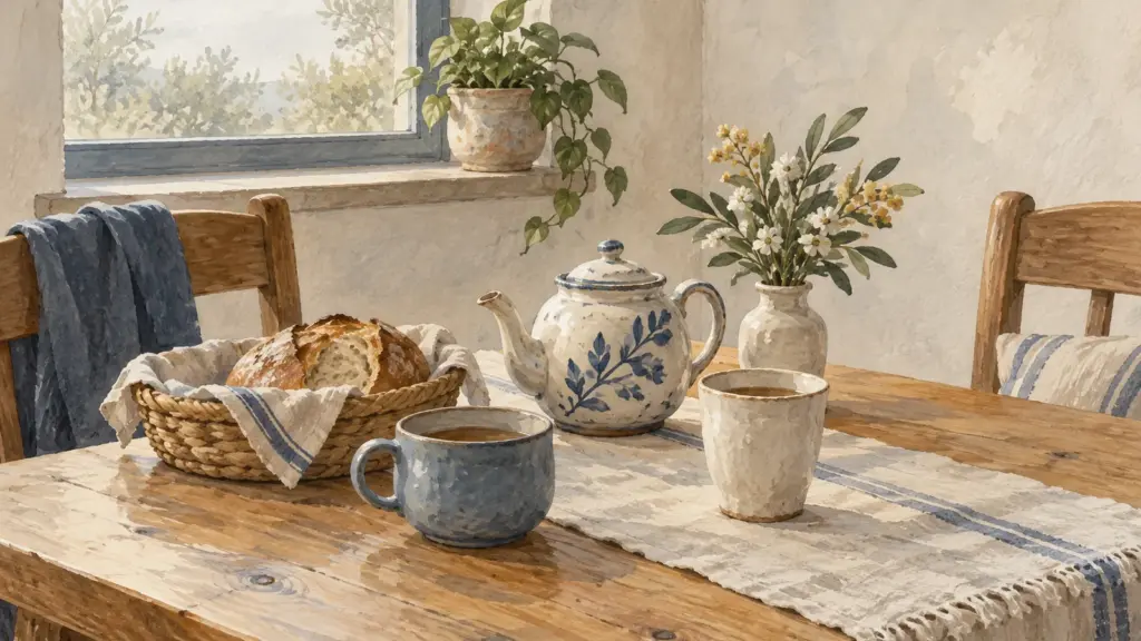 Un tavolo di cucina in legno chiaro con due tazze, una teiera e un cesto di pane, nella luce della finestra.