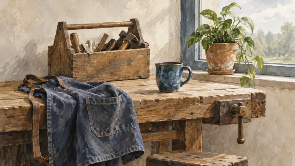 Un banco da lavoro di legno vicino a una finestra, con un grembiule piegato, una cassetta degli attrezzi e una tazza blu.
