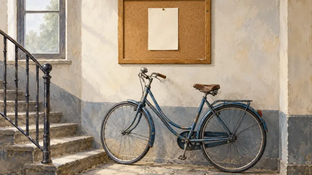 Una bacheca di sughero con un foglio bianco appeso nell’androne di un palazzo, con una vecchia bicicletta blu appoggiata al muro sotto.