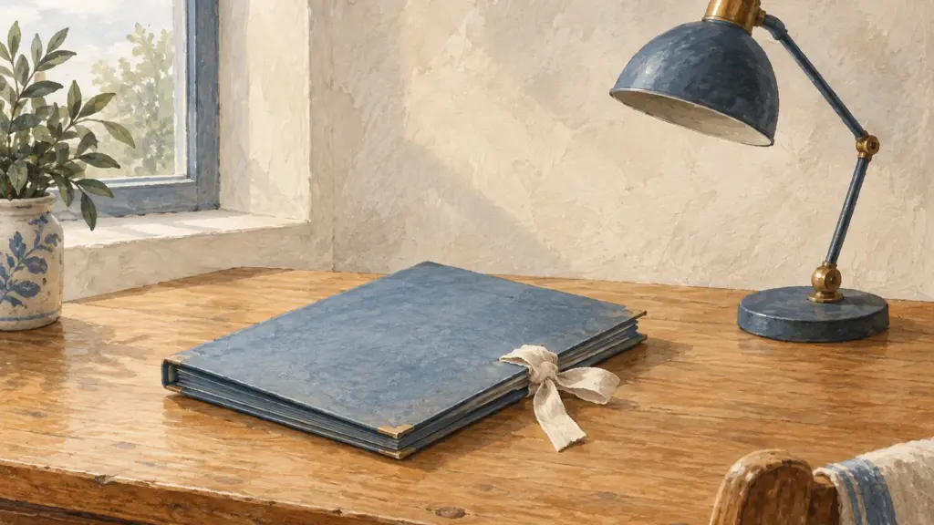 Una cartellina blu chiusa con un nastro di stoffa su una scrivania di legno, accanto a una lampada spenta e a una finestra.