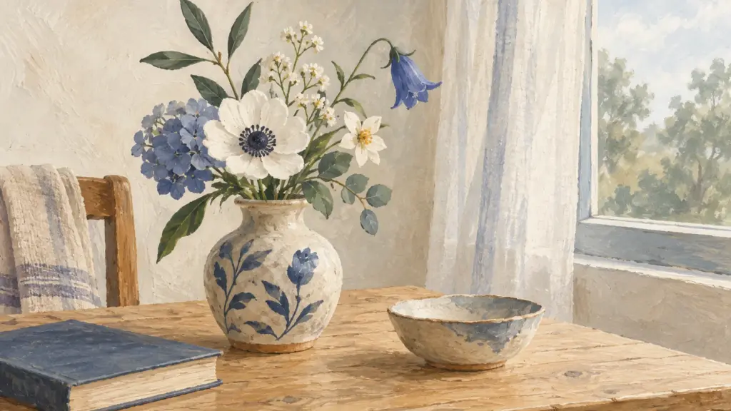 Un piccolo vaso con fiori freschi su un tavolo di legno accanto a una finestra, con una tenda chiara.