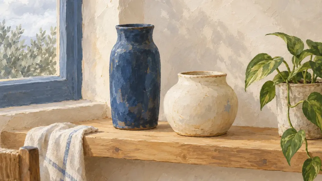 Due barattoli di ceramica, uno blu e uno bianco, su una mensola di legno chiaro accanto a una piccola pianta.