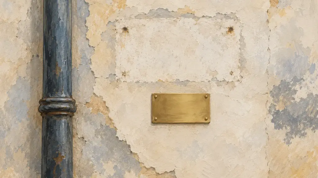 Un muro di intonaco consumato con il segno chiaro di una vecchia targa tolta e, sotto, una targa di ottone nuova e più piccola, accanto a un tubo di ghisa.