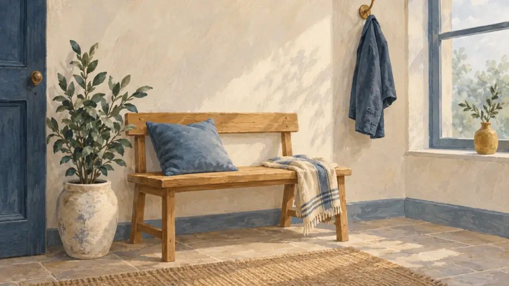 Una panca di legno chiaro in un corridoio tranquillo, con una giacca appesa e una pianta, nella luce di una finestra.