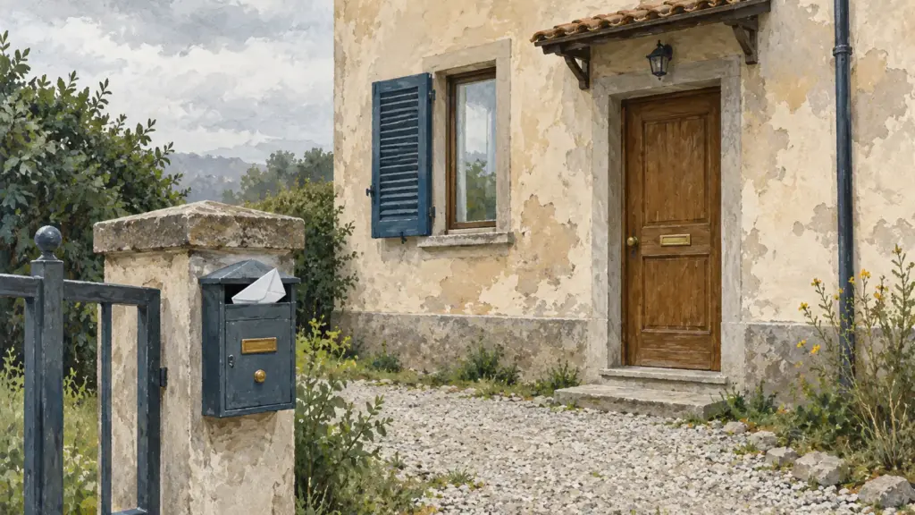 La facciata di una casa con l’intonaco irregolare, una porta di legno e, sul pilastro del cancello, una cassetta della posta con l’angolo di una busta bianca.