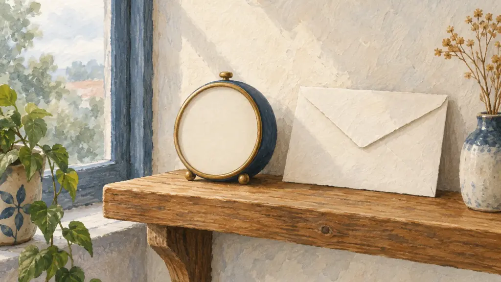 Una piccola sveglia rotonda e una busta chiusa su una mensola di legno vicino alla finestra.