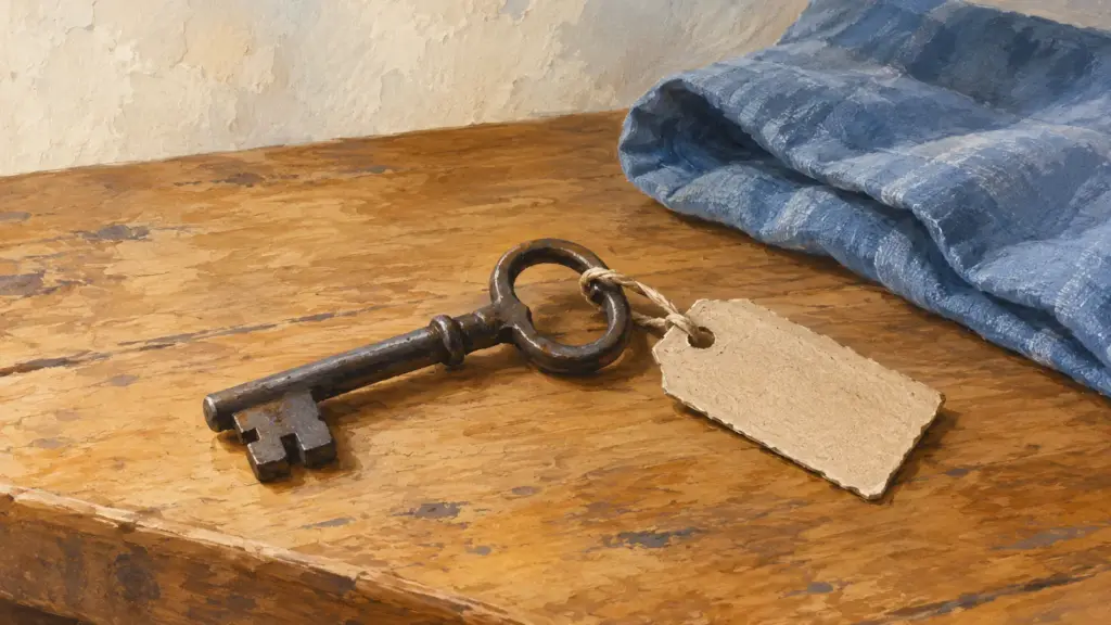 Una vecchia chiave di ferro con un cartellino di cartone legato con lo spago, appoggiata su un tavolo di legno accanto a un panno blu.