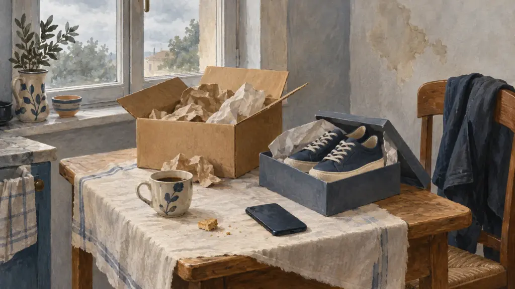 Un tavolo di cucina con un pacco di cartone aperto, un paio di scarpe nuove nella scatola, un telefono a faccia in giù e una tazza di caffè, davanti a una finestra grigia.