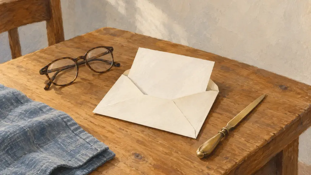 Una busta bianca aperta con un foglio che sporge su un tavolo di legno, accanto a un paio di occhiali e a un tagliacarte di ottone.
