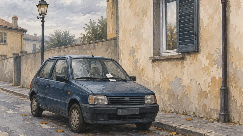 Una piccola auto parcheggiata lungo il marciapiede con un foglietto piegato sotto il tergicristallo, sotto un cielo coperto.