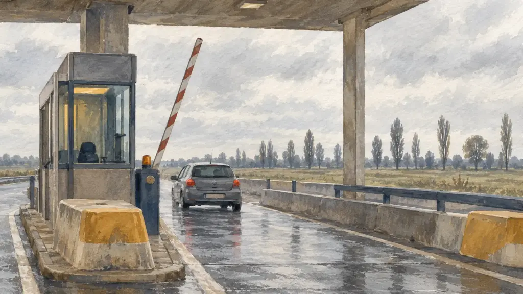 Un casello autostradale con una sbarra alzata e una piccola auto grigia che passa, sotto un cielo coperto, con la pianura e una fila di pioppi lontana.