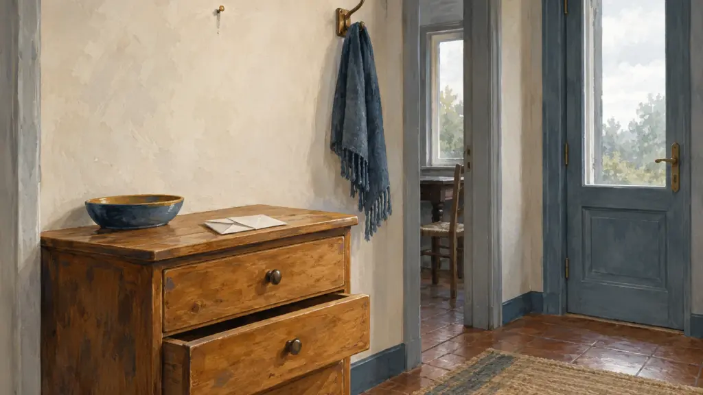 L’ingresso di una casa con una parete chiara e un chiodo senza quadro, un cassettone di legno con un cassetto socchiuso e una lettera piegata sopra, una sciarpa appesa a un gancio.