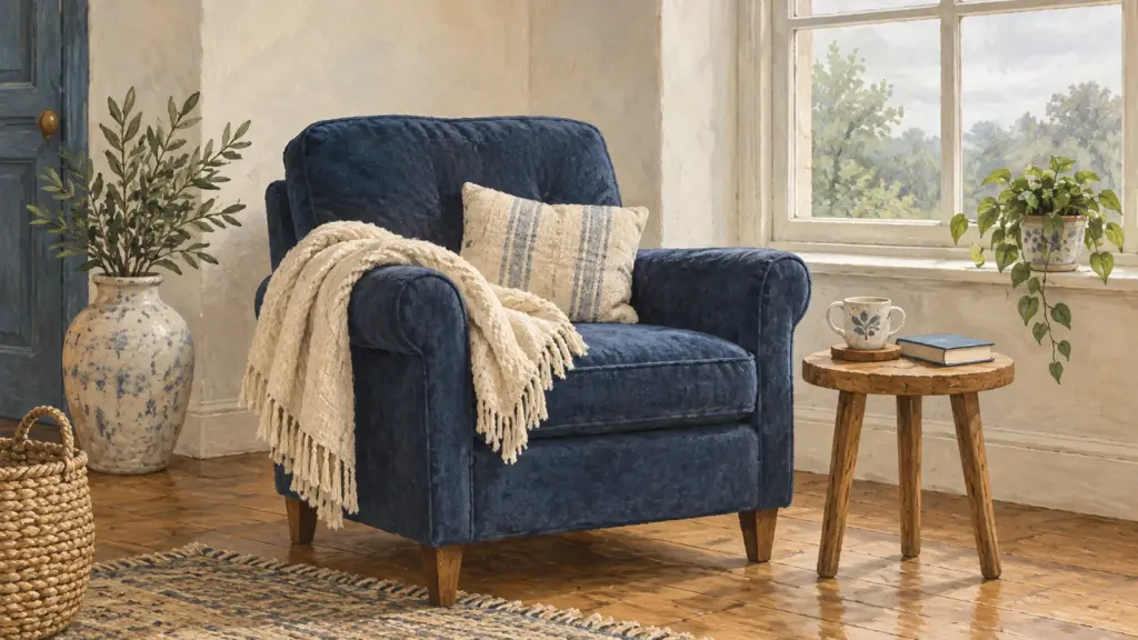 Una poltrona di stoffa blu vicino a una finestra luminosa, con una coperta piegata e una piccola pianta sul davanzale.