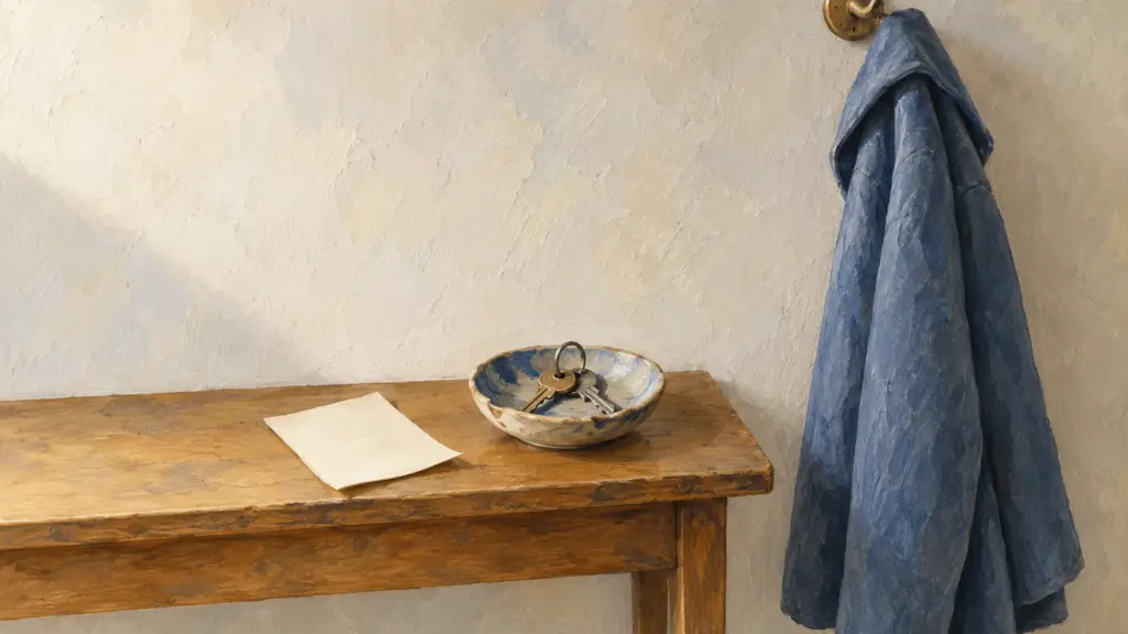 Un biglietto bianco appoggiato su una mensola di legno all’ingresso di casa, accanto a un piattino con le chiavi e a un cappotto appeso.